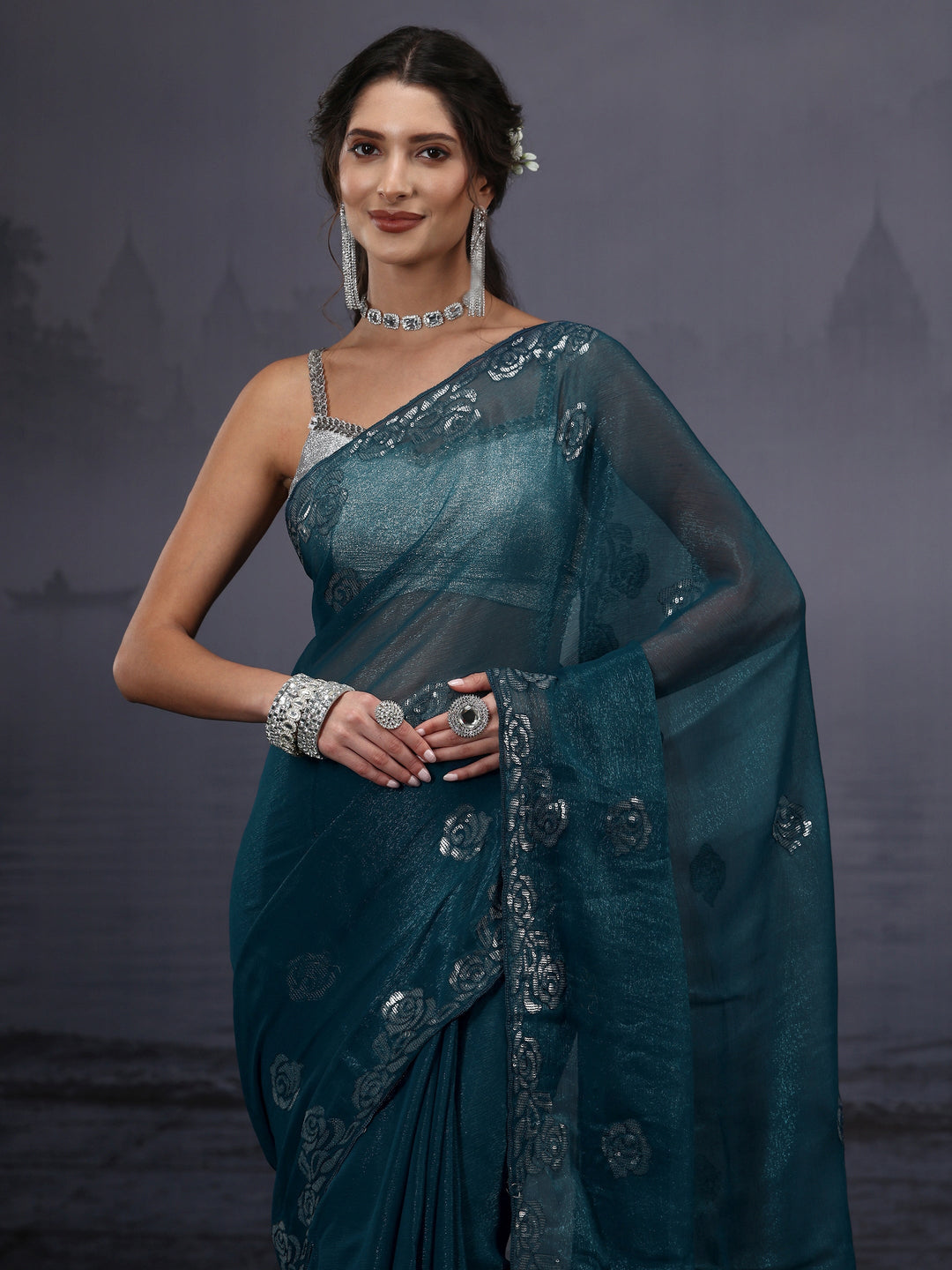  Libas Navy Blue Floral Sequin Embellished Tissue Saree 