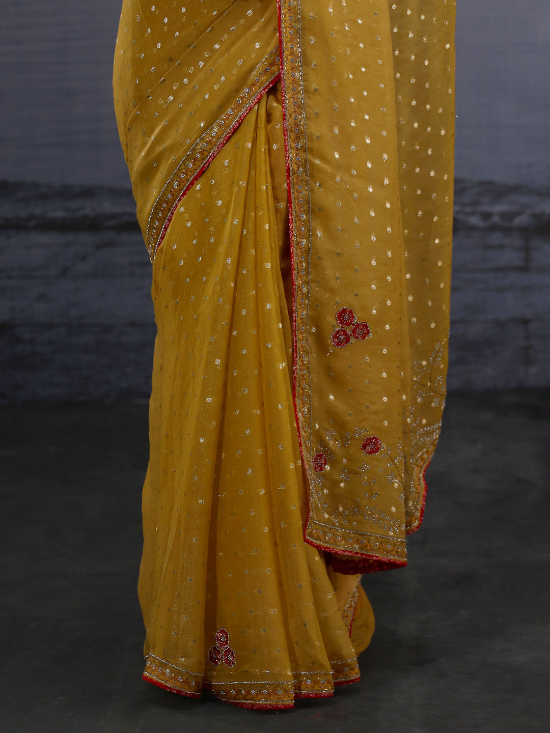  Libas Mustard Woven Design Tissue Saree with Applique Work 