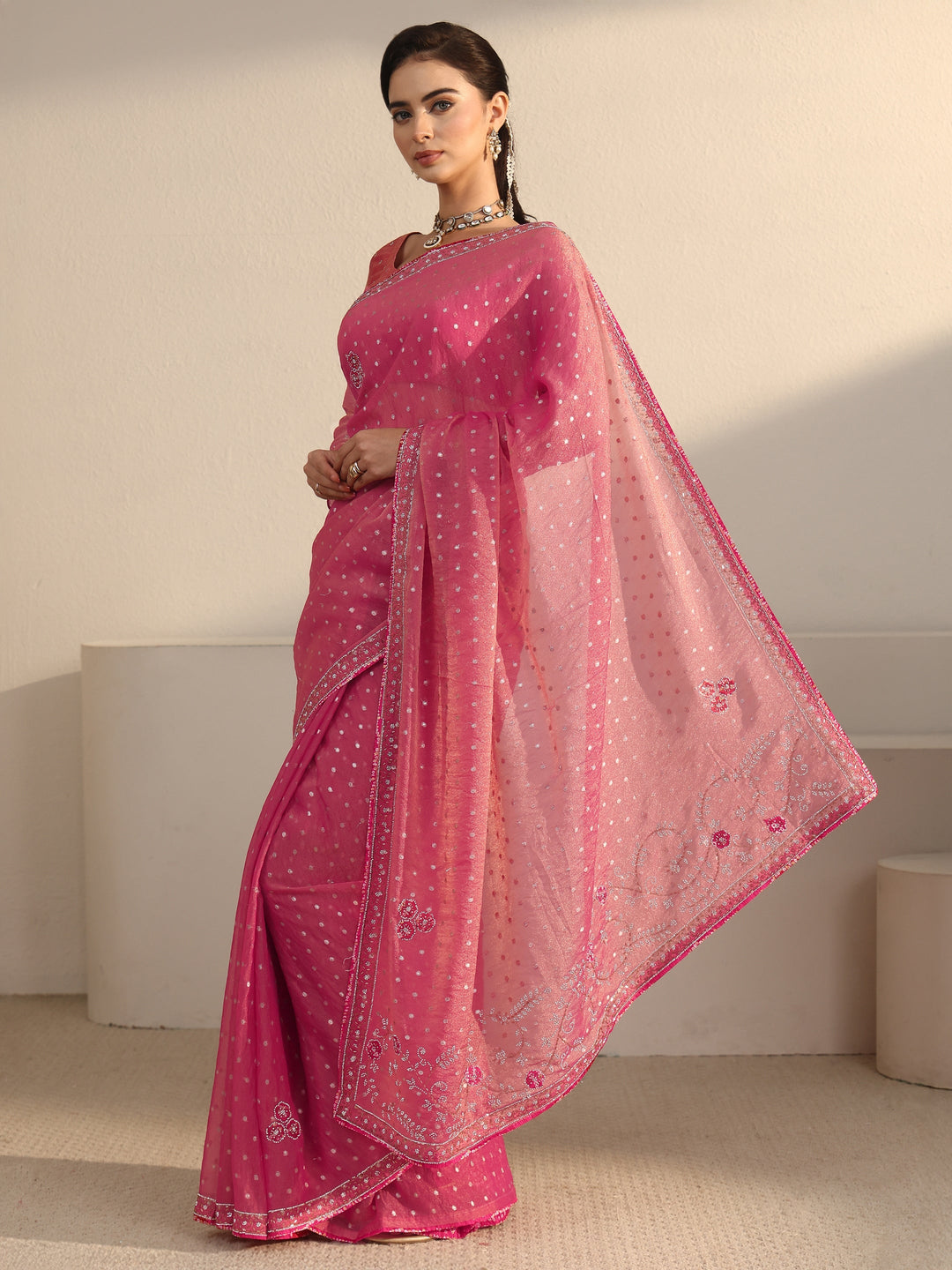  Libas Pink Woven Design Tissue Saree with Embellished Border 