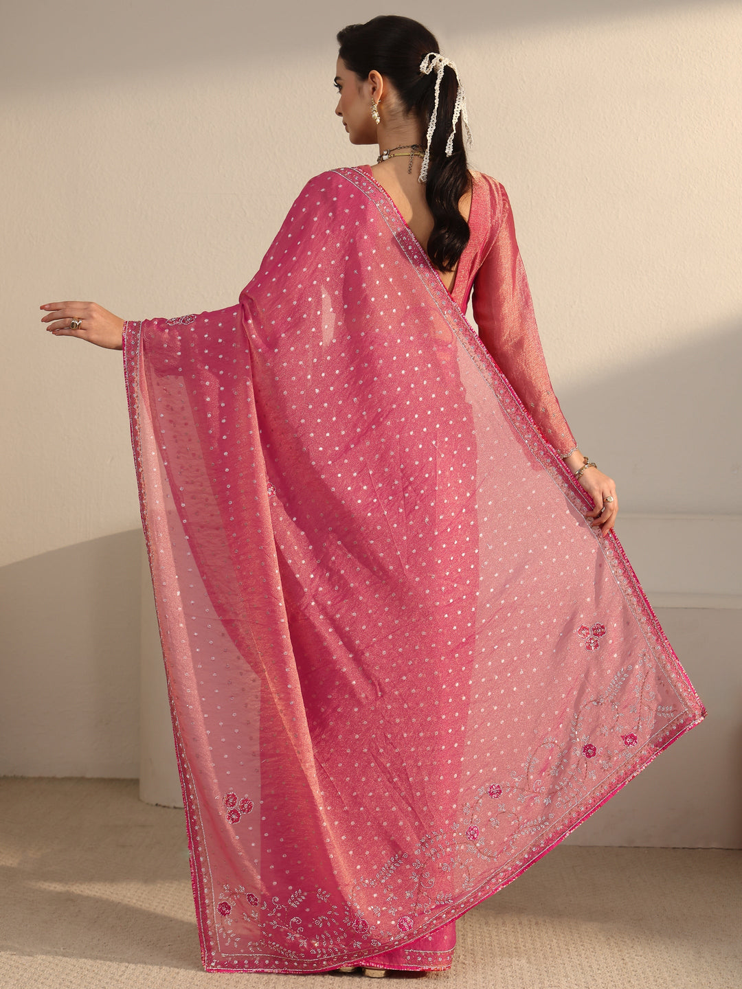  Libas Pink Woven Design Tissue Saree with Embellished Border 