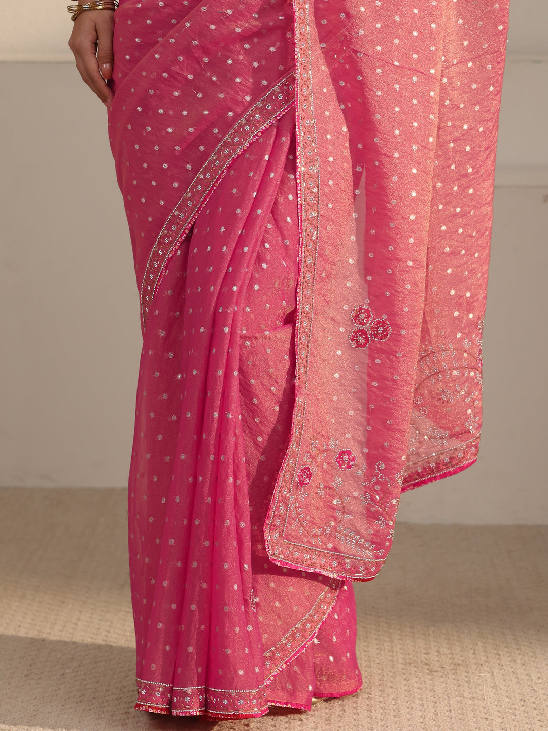  Libas Pink Woven Design Tissue Saree with Embellished Border 