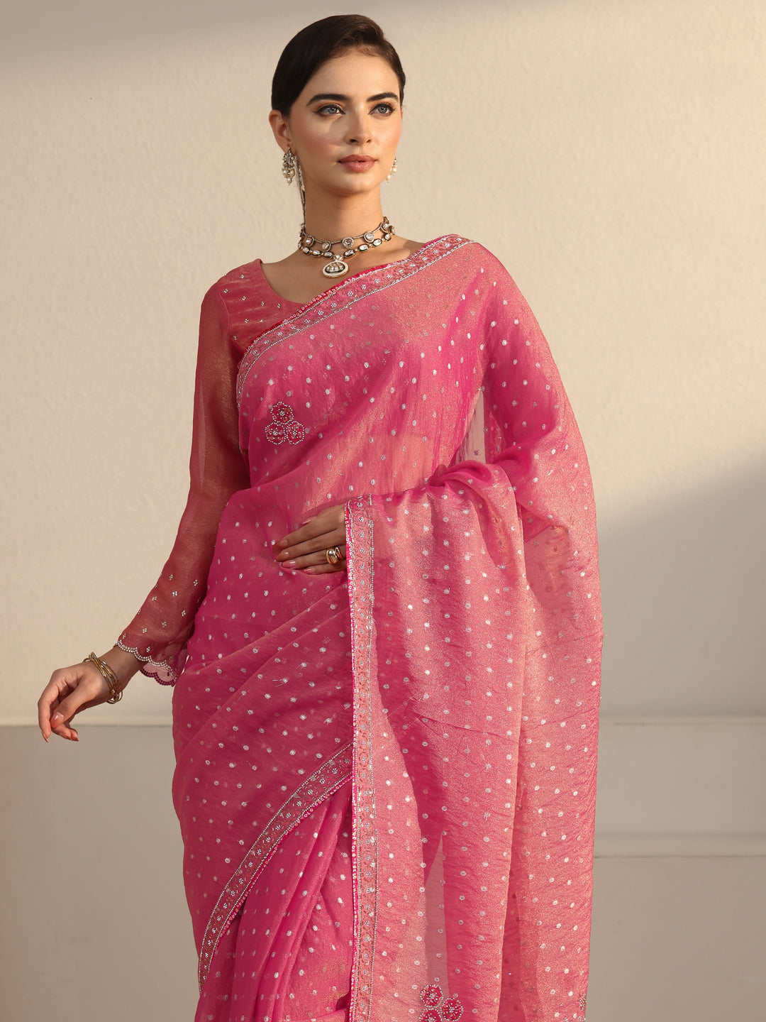  Libas Pink Woven Design Tissue Saree with Embellished Border 