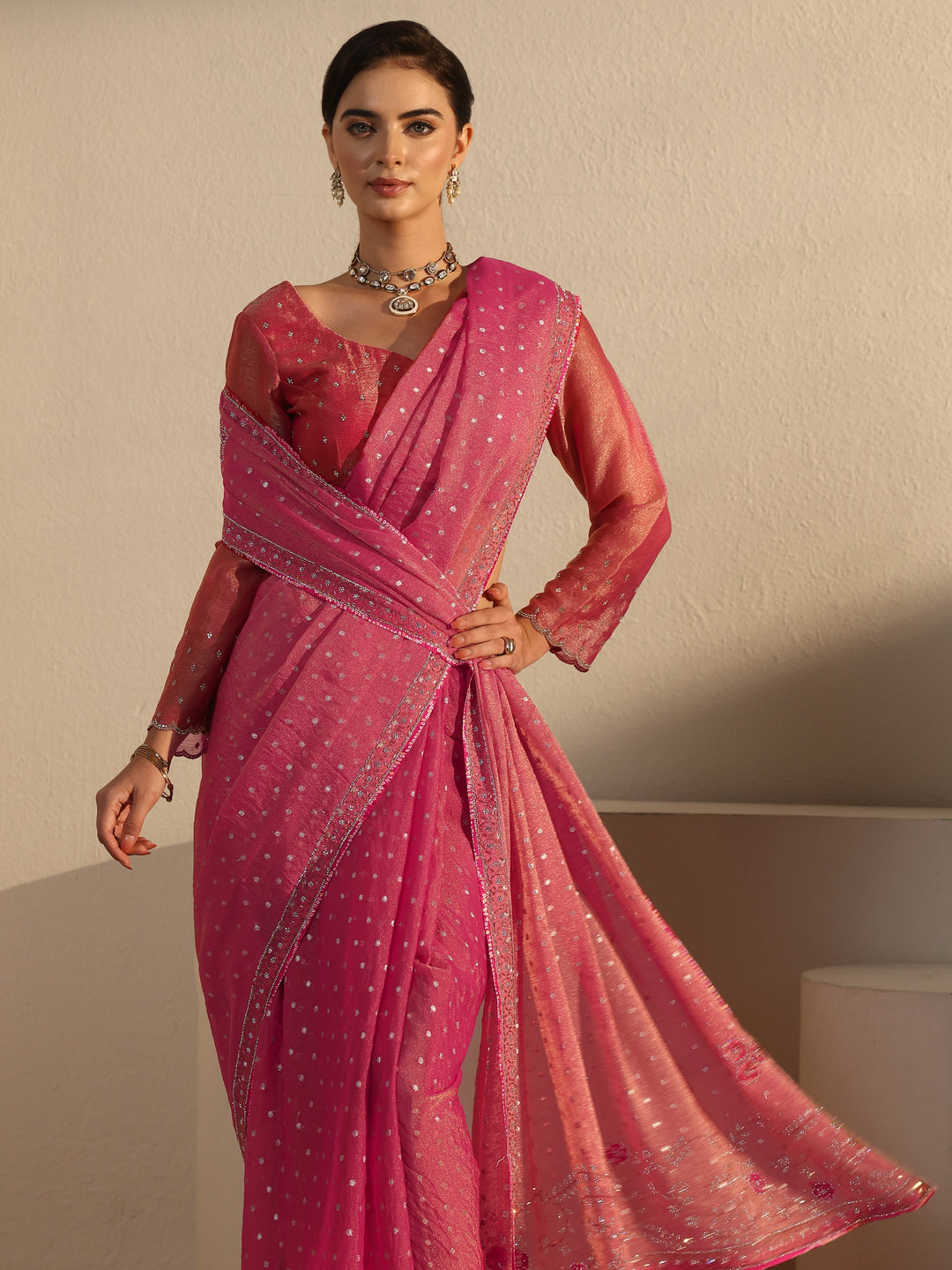  Libas Pink Woven Design Tissue Saree with Embellished Border 