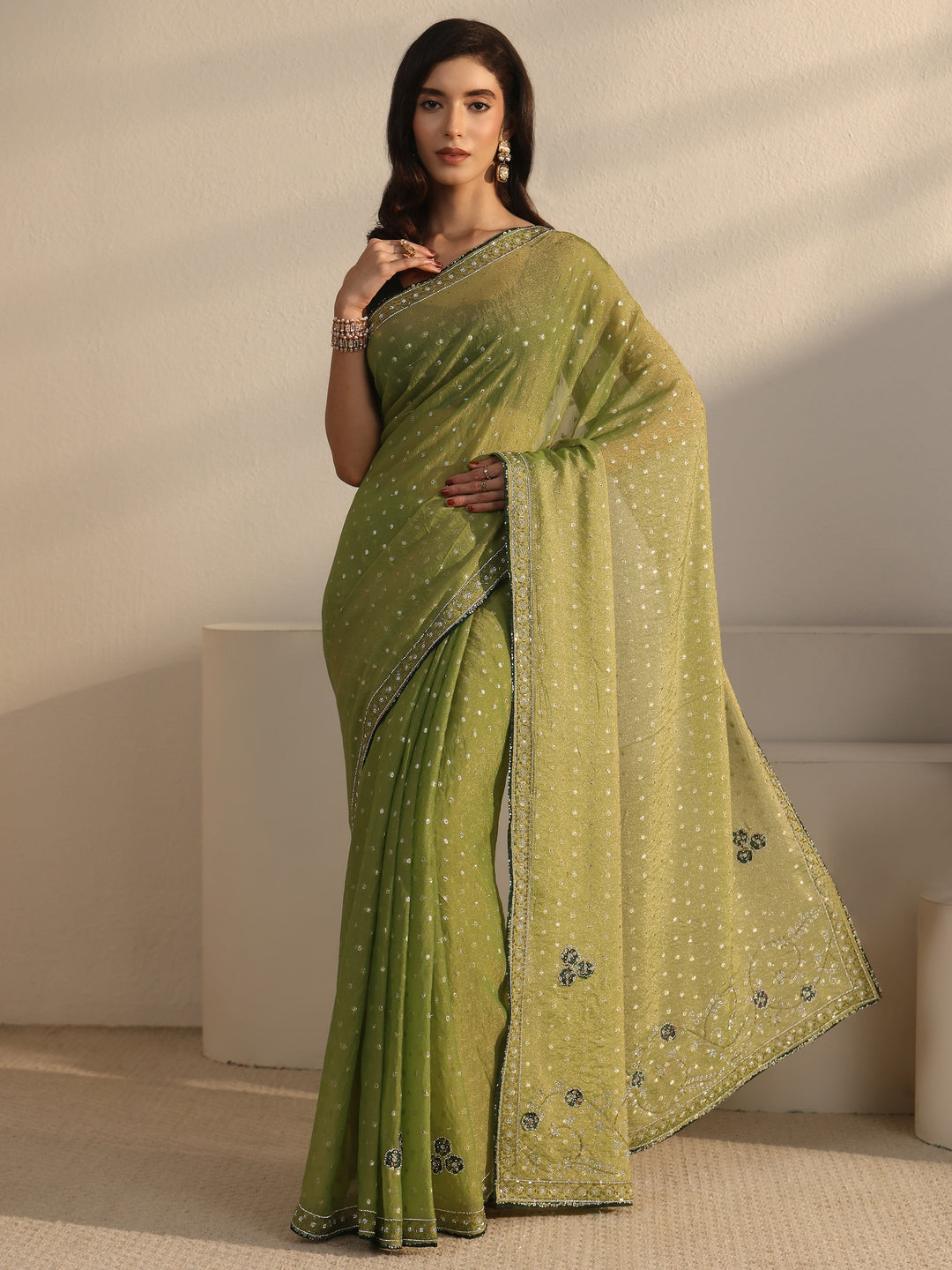  Libas Green Woven Design Tissue Saree with Embellished Border 