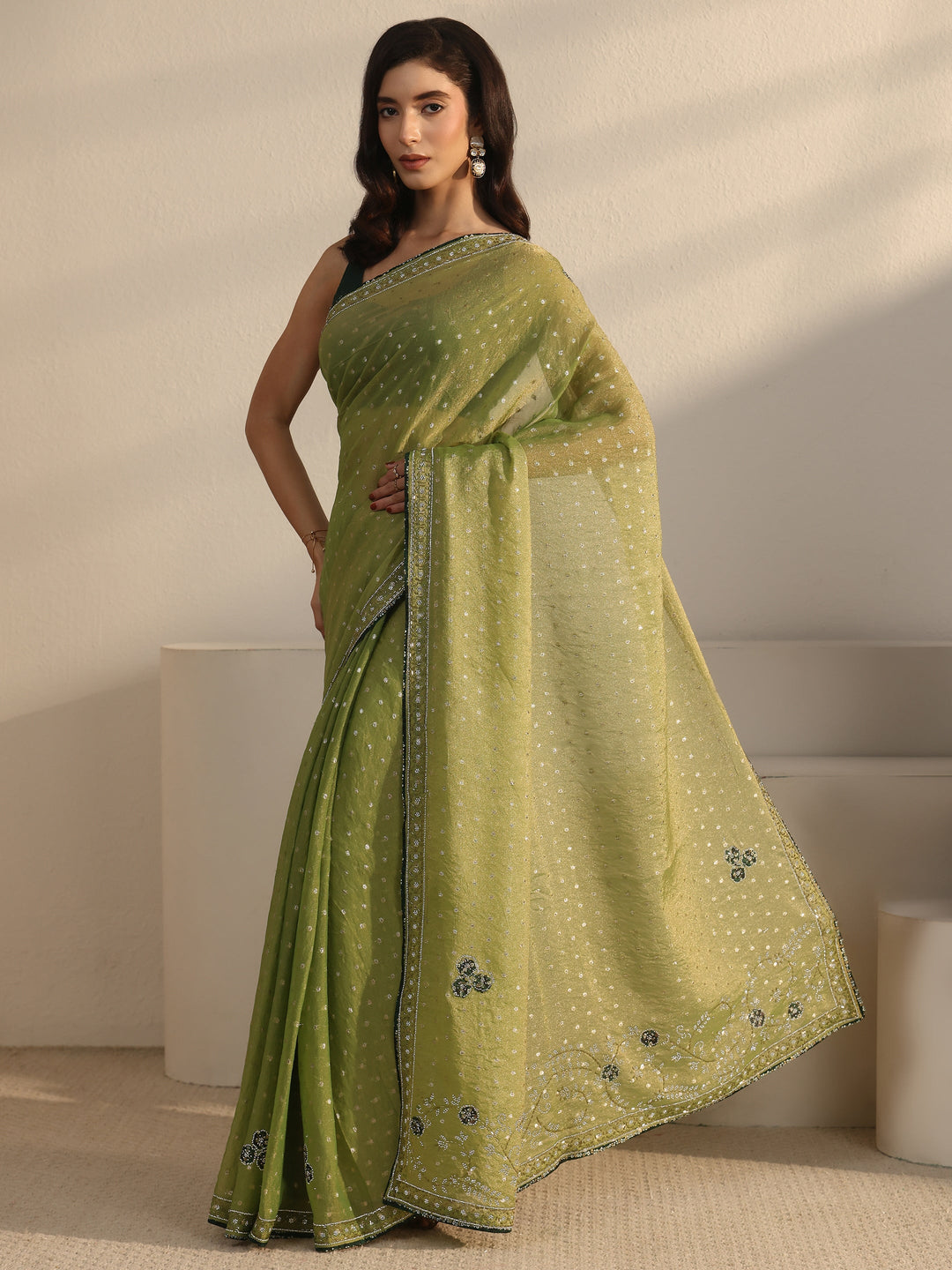  Libas Green Woven Design Tissue Saree with Embellished Border 