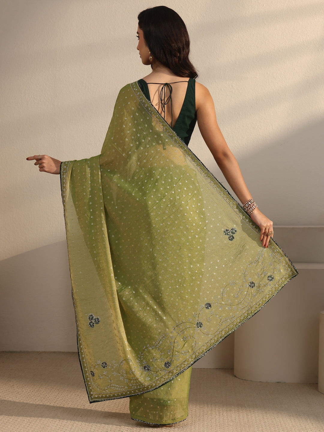  Libas Green Woven Design Tissue Saree with Embellished Border 