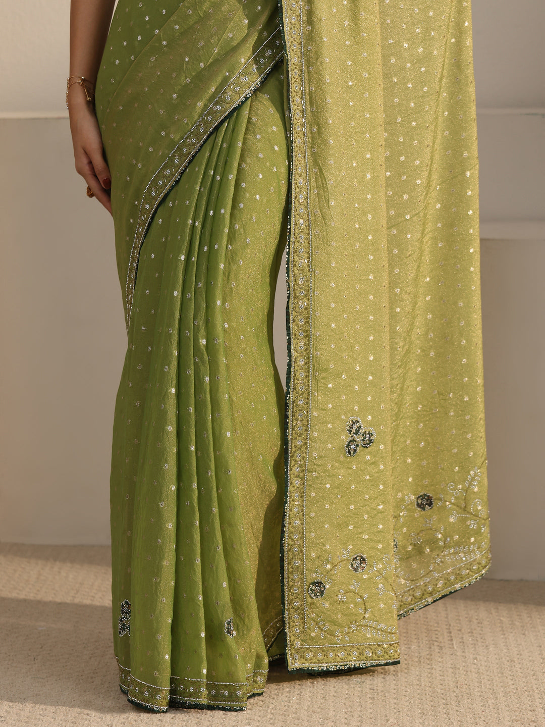  Libas Green Woven Design Tissue Saree with Embellished Border 
