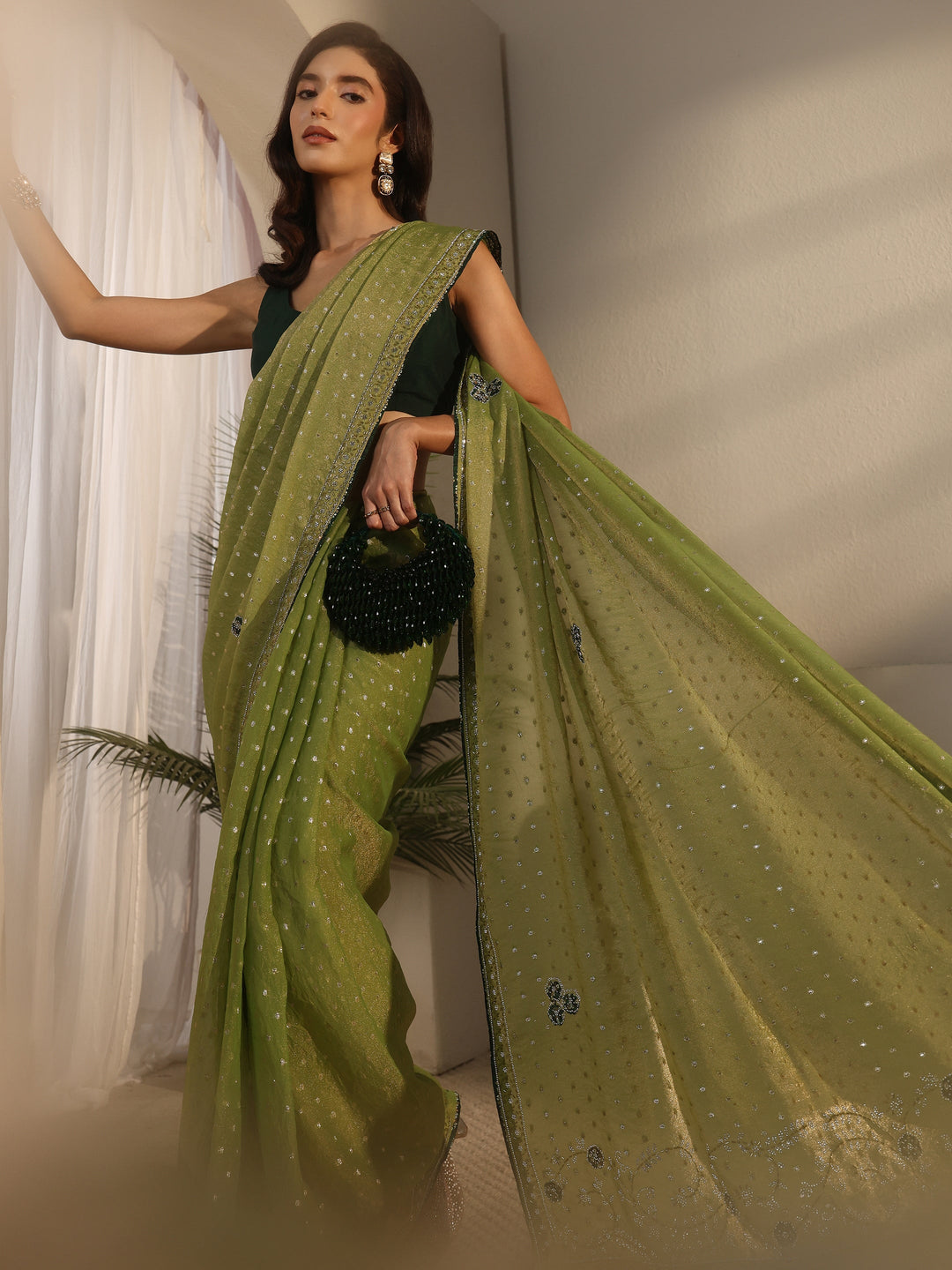  Libas Green Woven Design Tissue Saree with Embellished Border 