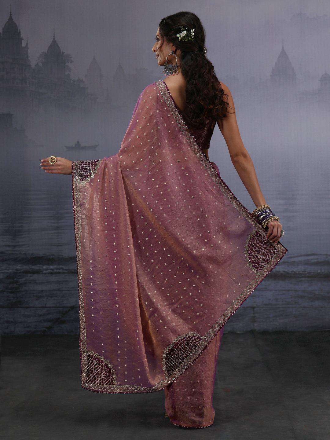  Libas Lavender Woven Design Tissue Saree with Applique Work 