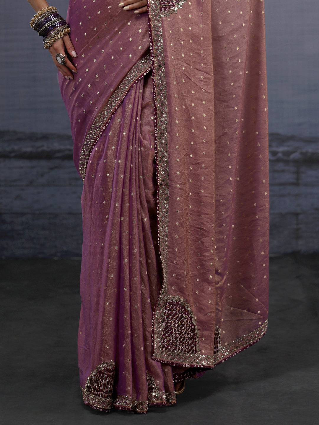  Libas Lavender Woven Design Tissue Saree with Applique Work 