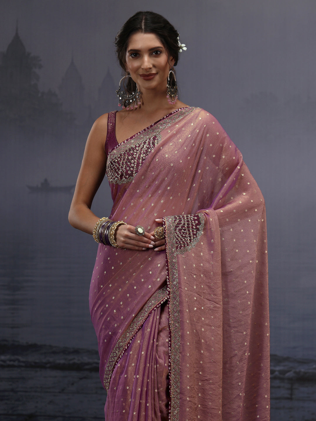  Libas Lavender Woven Design Tissue Saree with Applique Work 