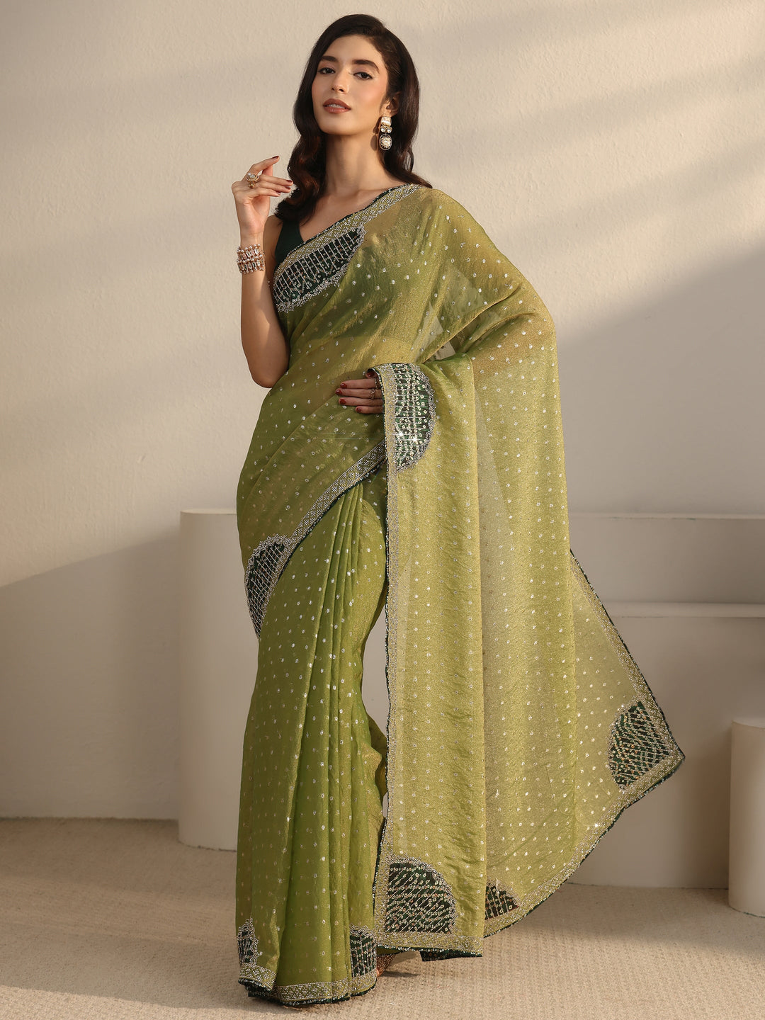  Libas Green Woven Design Tissue Saree with Embellished Border 