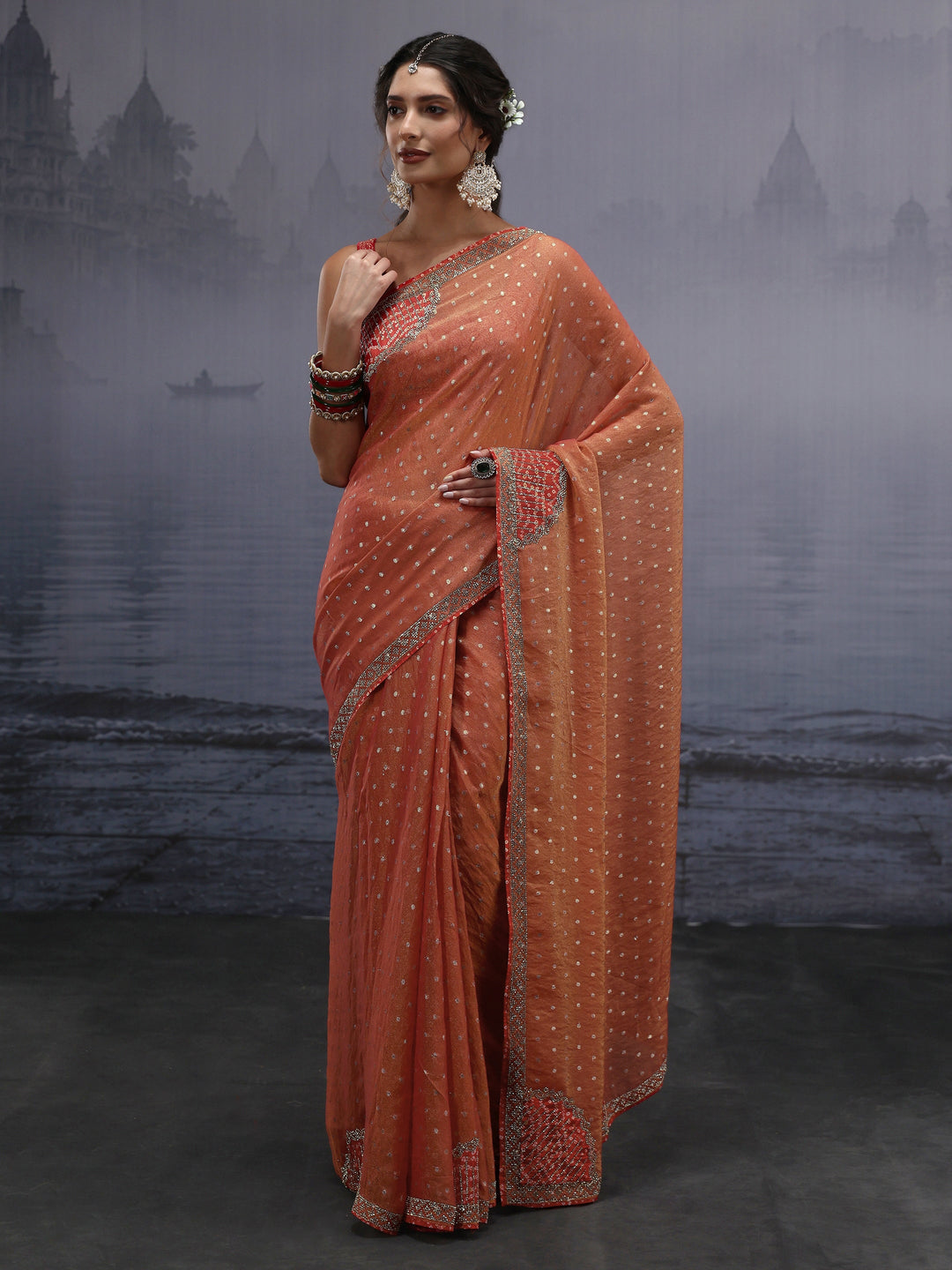  Libas Orange Woven Design Tissue Saree with Applique Work 