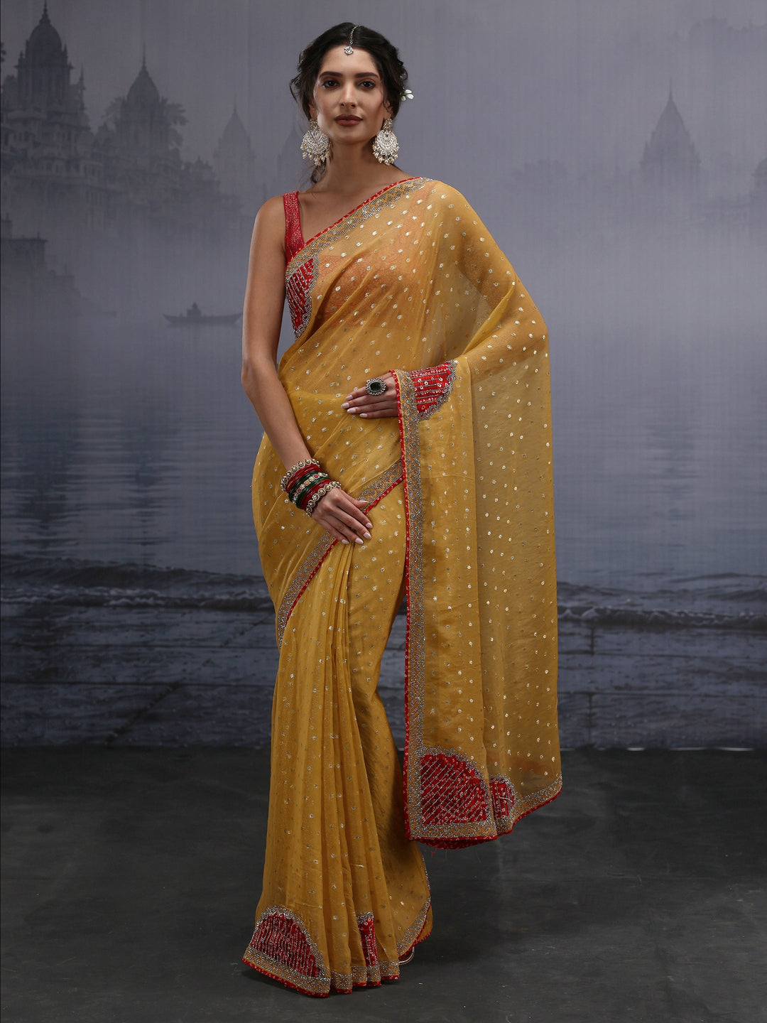  Libas Mustard Woven Design Tissue Saree with Applique Work 