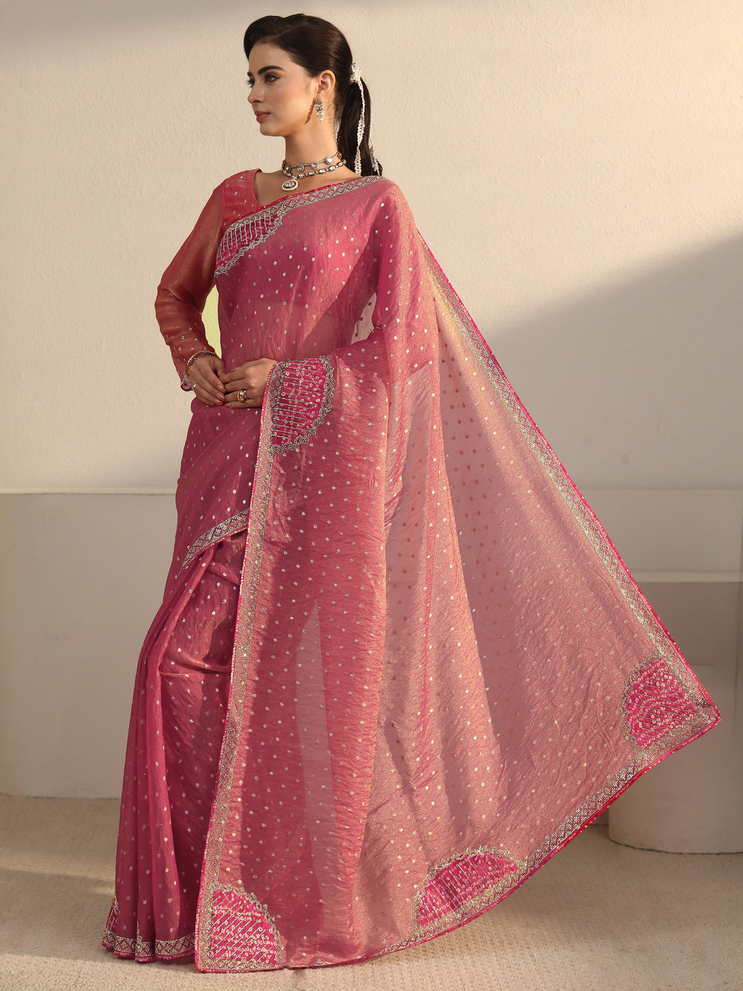  Libas Pink Woven Design Tissue Saree with Applique Design 