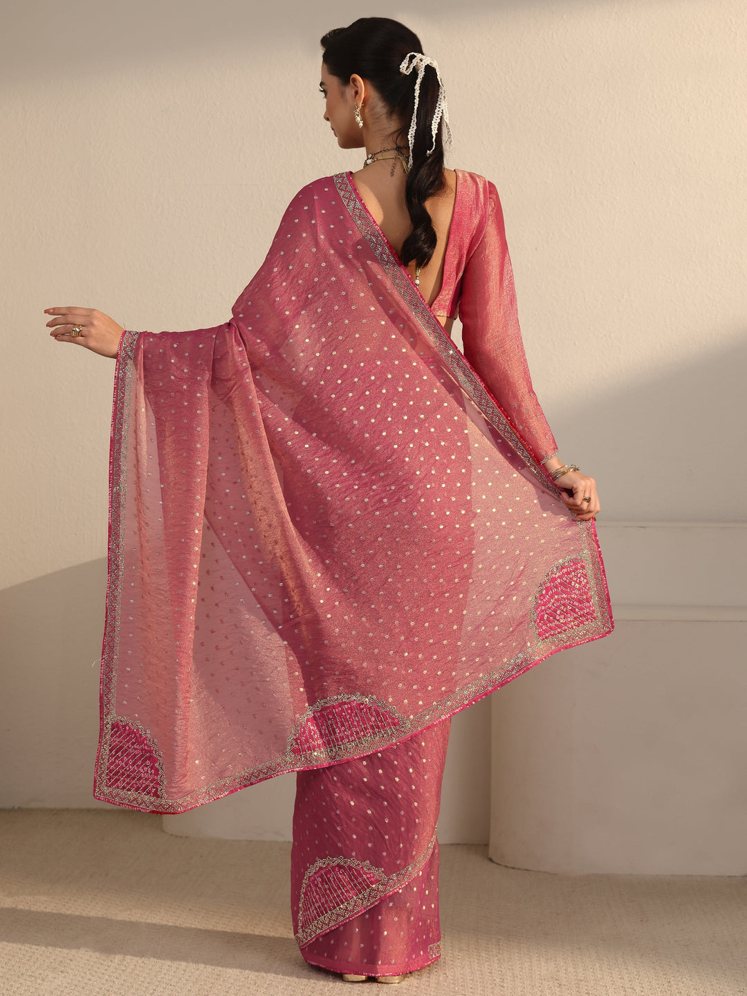  Libas Pink Woven Design Tissue Saree with Applique Design 