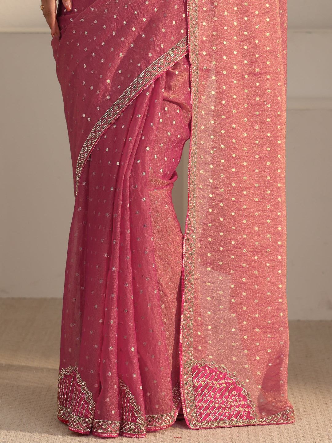  Libas Pink Woven Design Tissue Saree with Applique Design 