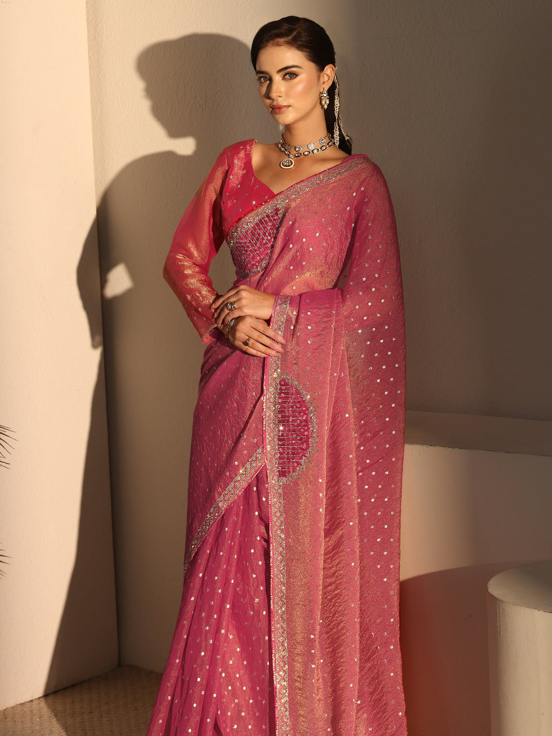  Libas Pink Woven Design Tissue Saree with Applique Design 