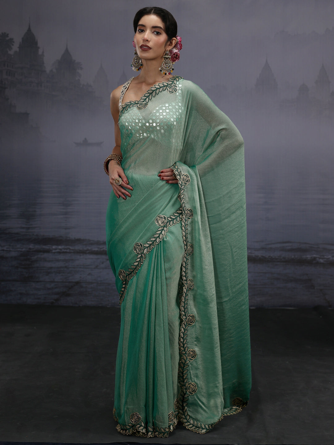  Libas Blue Tissue Saree with Embellished Scalloped Border 