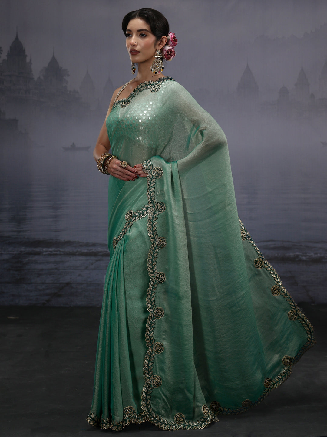  Libas Blue Tissue Saree with Embellished Scalloped Border 