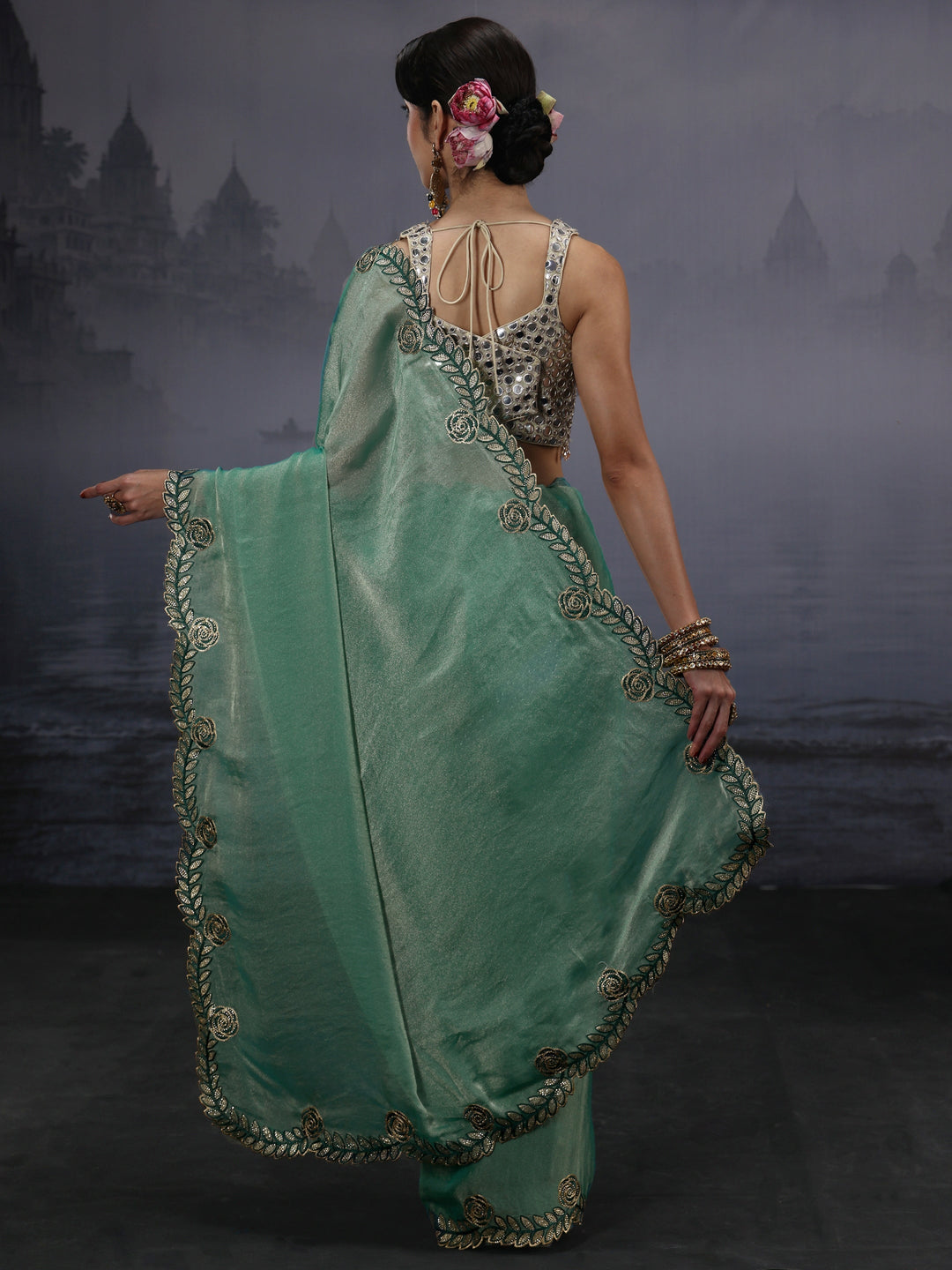  Libas Blue Tissue Saree with Embellished Scalloped Border 