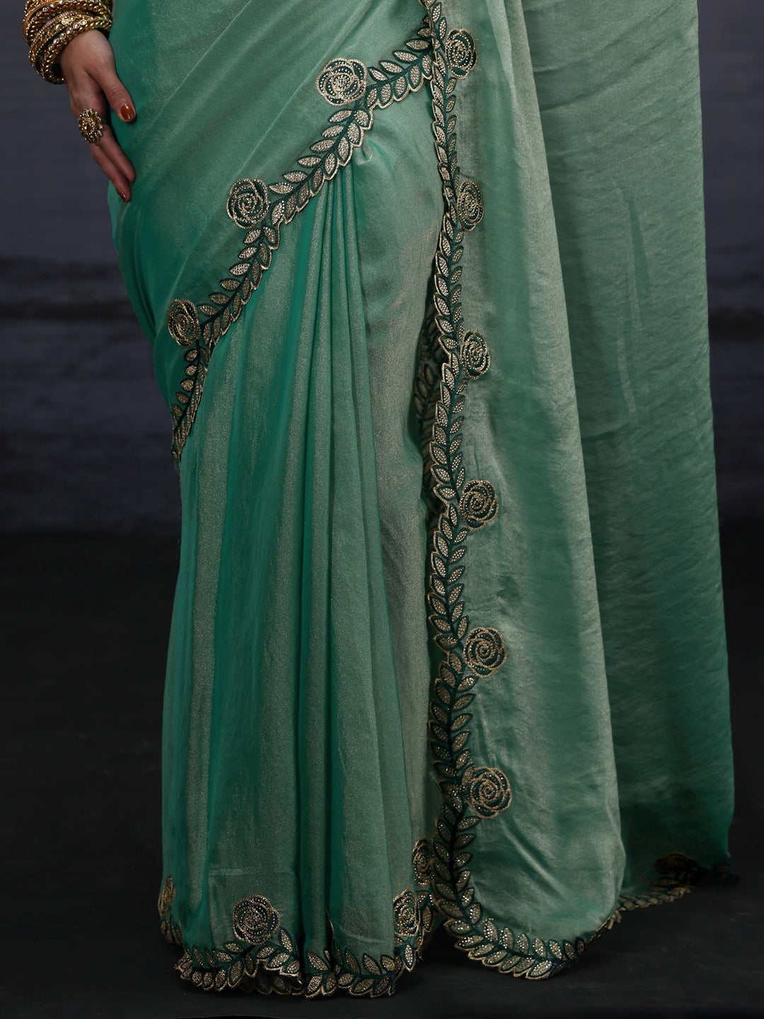  Libas Blue Tissue Saree with Embellished Scalloped Border 
