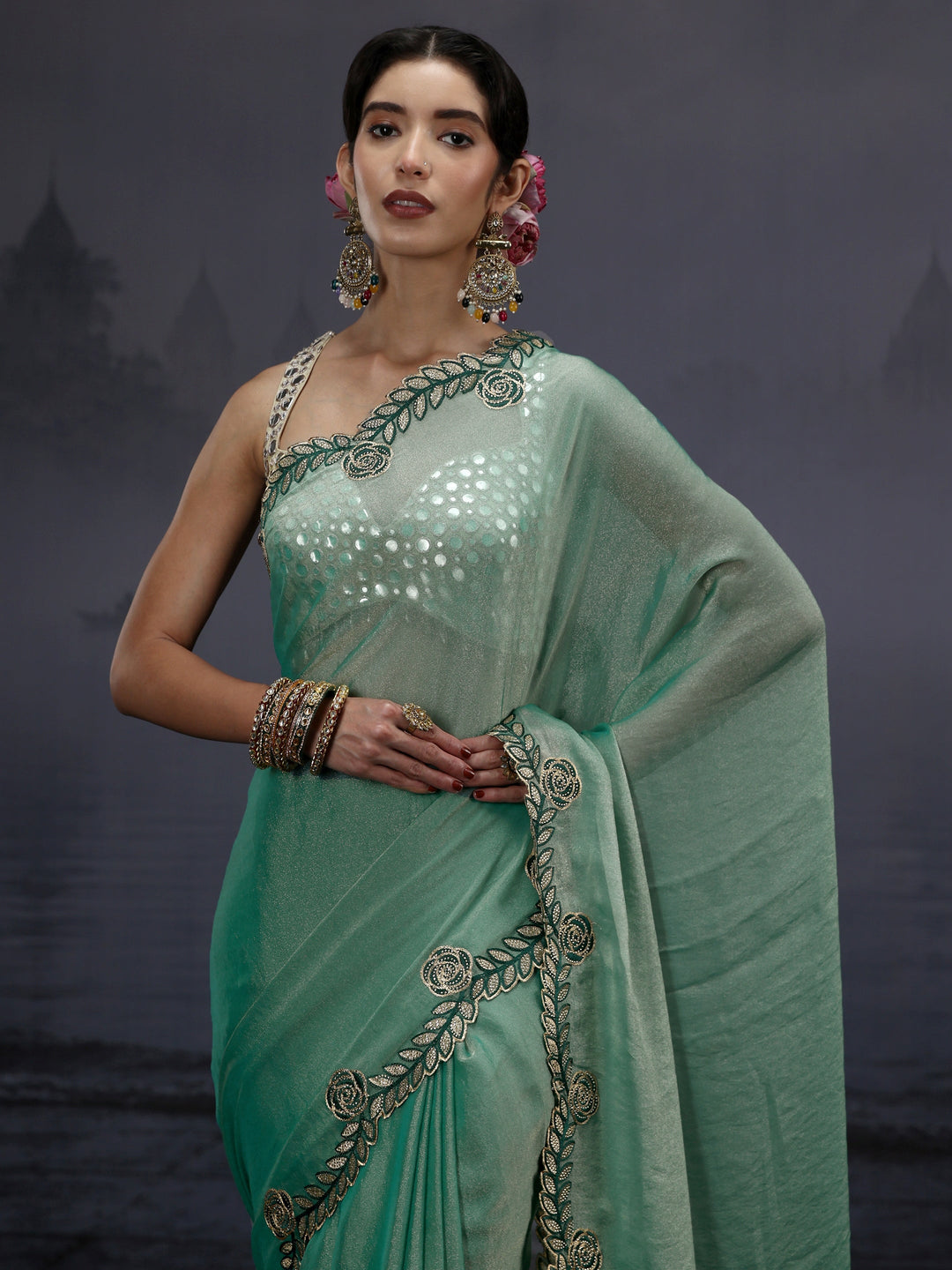  Libas Blue Tissue Saree with Embellished Scalloped Border 