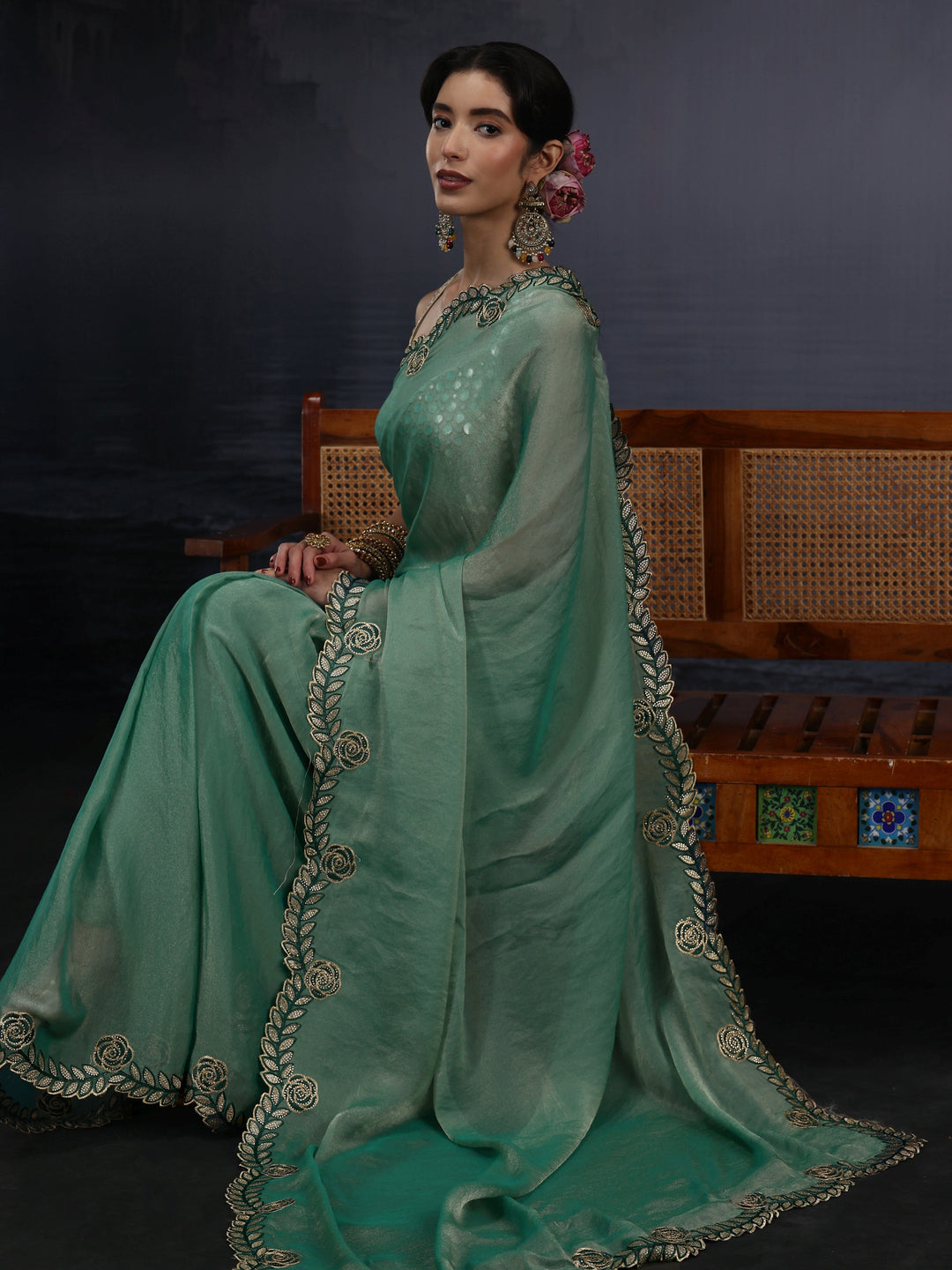  Libas Blue Tissue Saree with Embellished Scalloped Border 