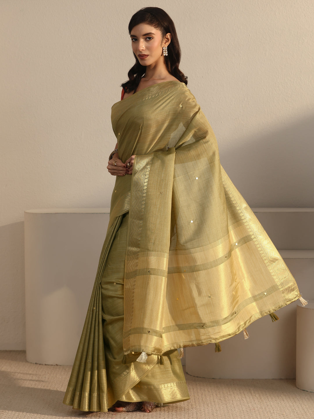  Libas Pista Green Woven Design Silk Blend Tassel Saree 
