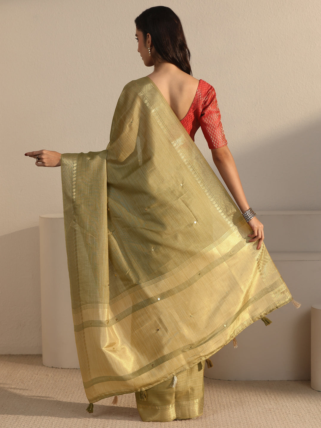 Libas Pista Green Woven Design Silk Blend Tassel Saree 