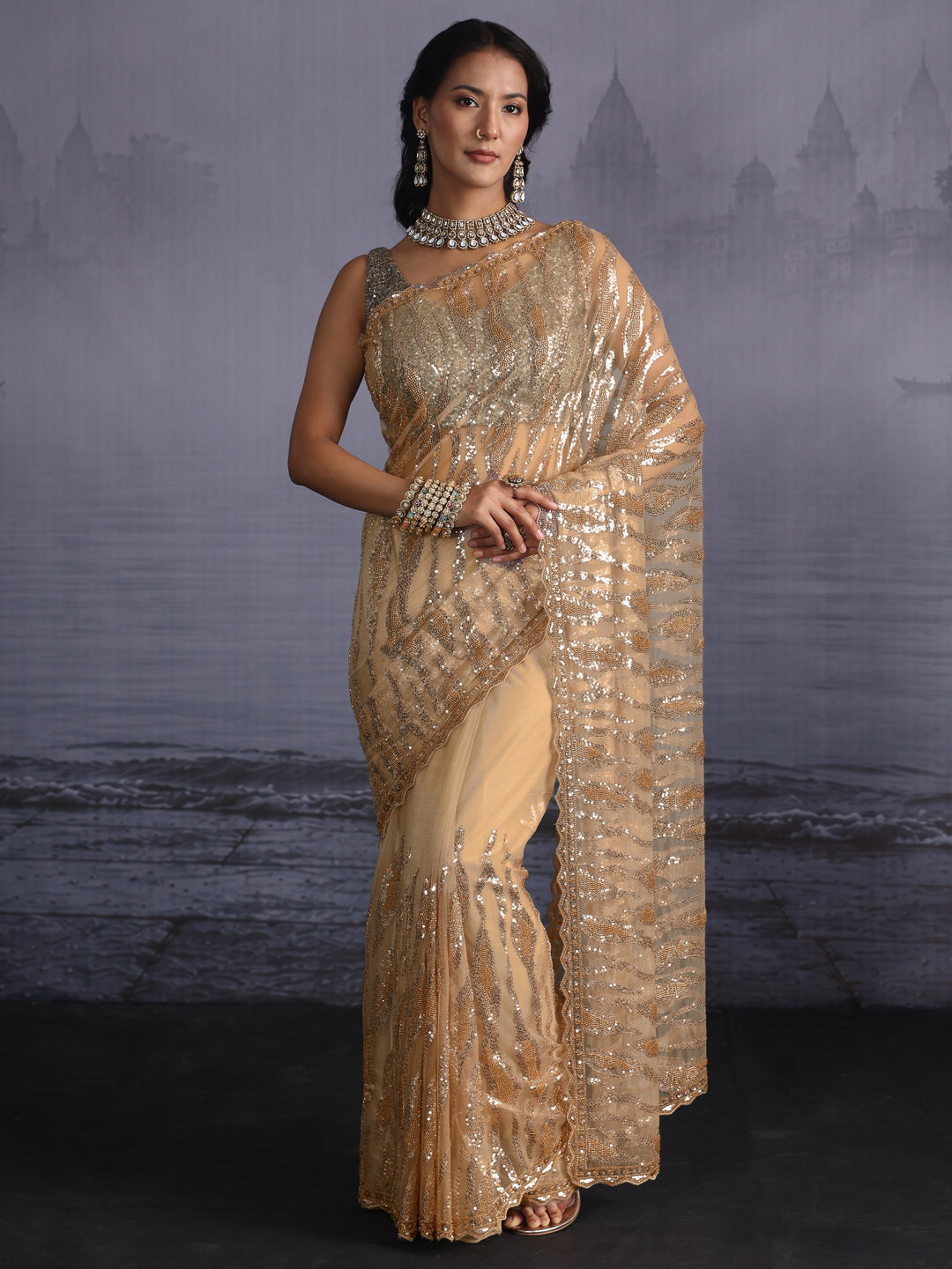  Libas Golden Sequin Embellished Net Saree with Scalloped Border 