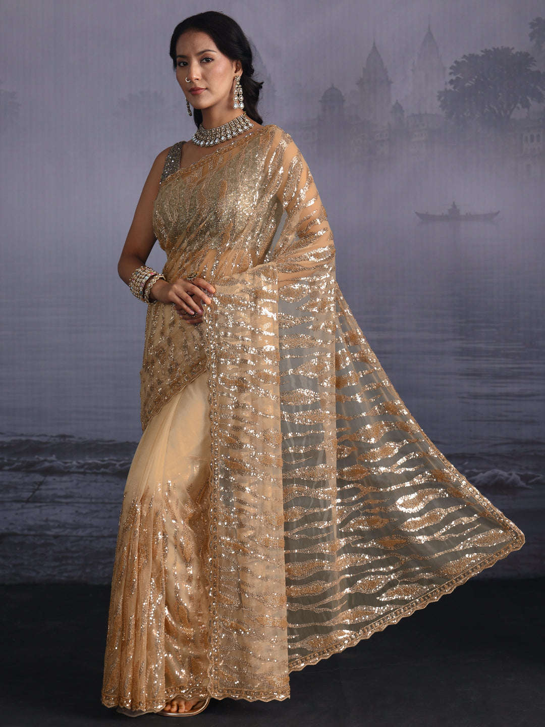 Libas Golden Sequin Embellished Net Saree with Scalloped Border 