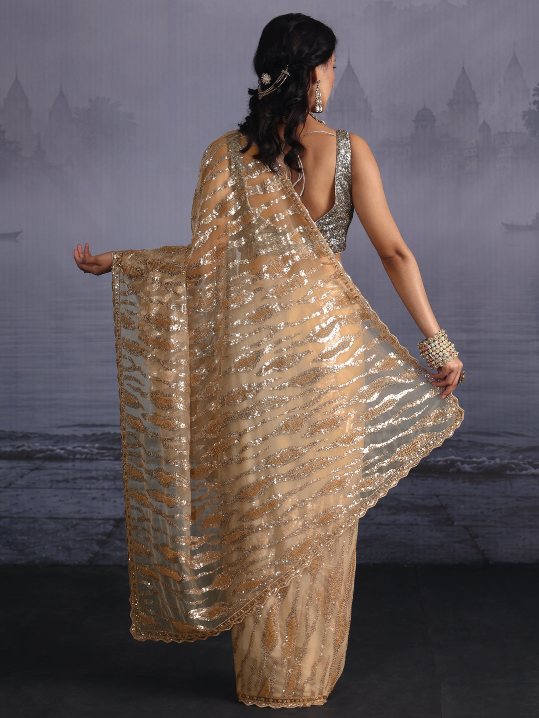 Libas Golden Sequin Embellished Net Saree with Scalloped Border 