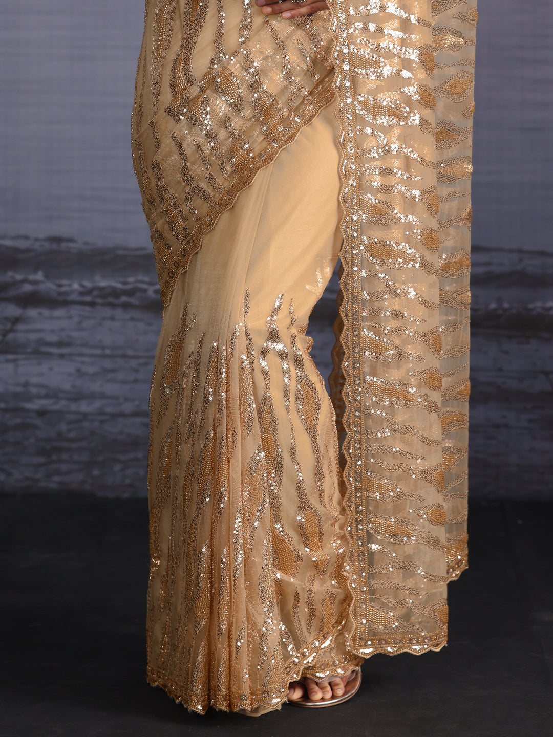  Libas Golden Sequin Embellished Net Saree with Scalloped Border 