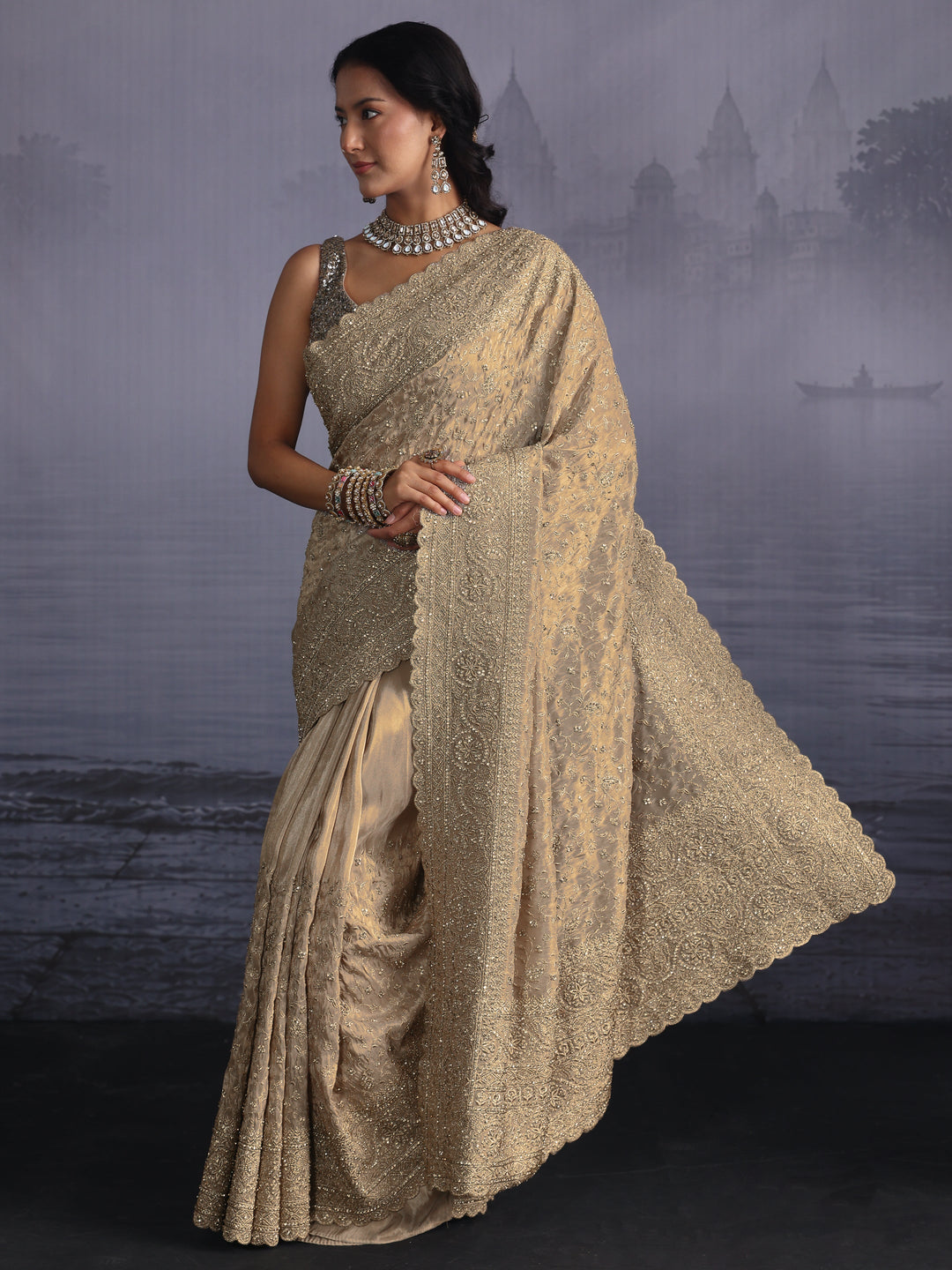  Libas Art Taupe Grey Bead and Stone Embellished Silk Blend Saree 