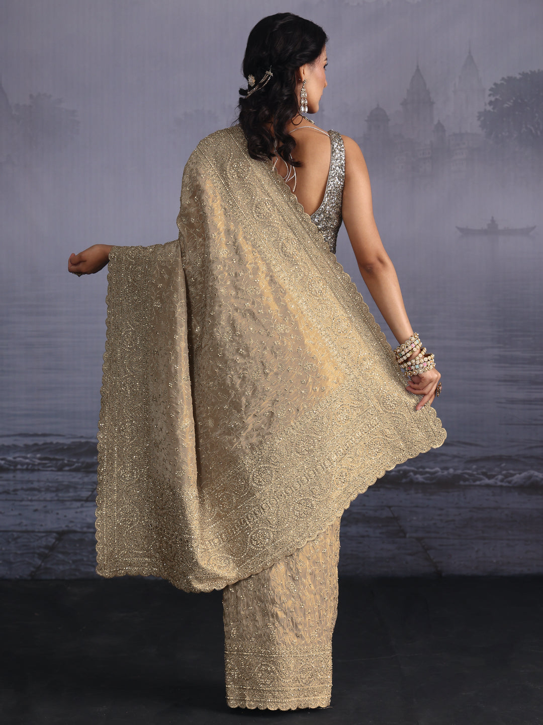  Libas Art Taupe Grey Bead and Stone Embellished Silk Blend Saree 