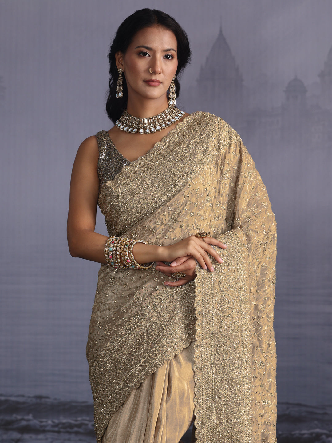  Libas Art Taupe Grey Bead and Stone Embellished Silk Blend Saree 