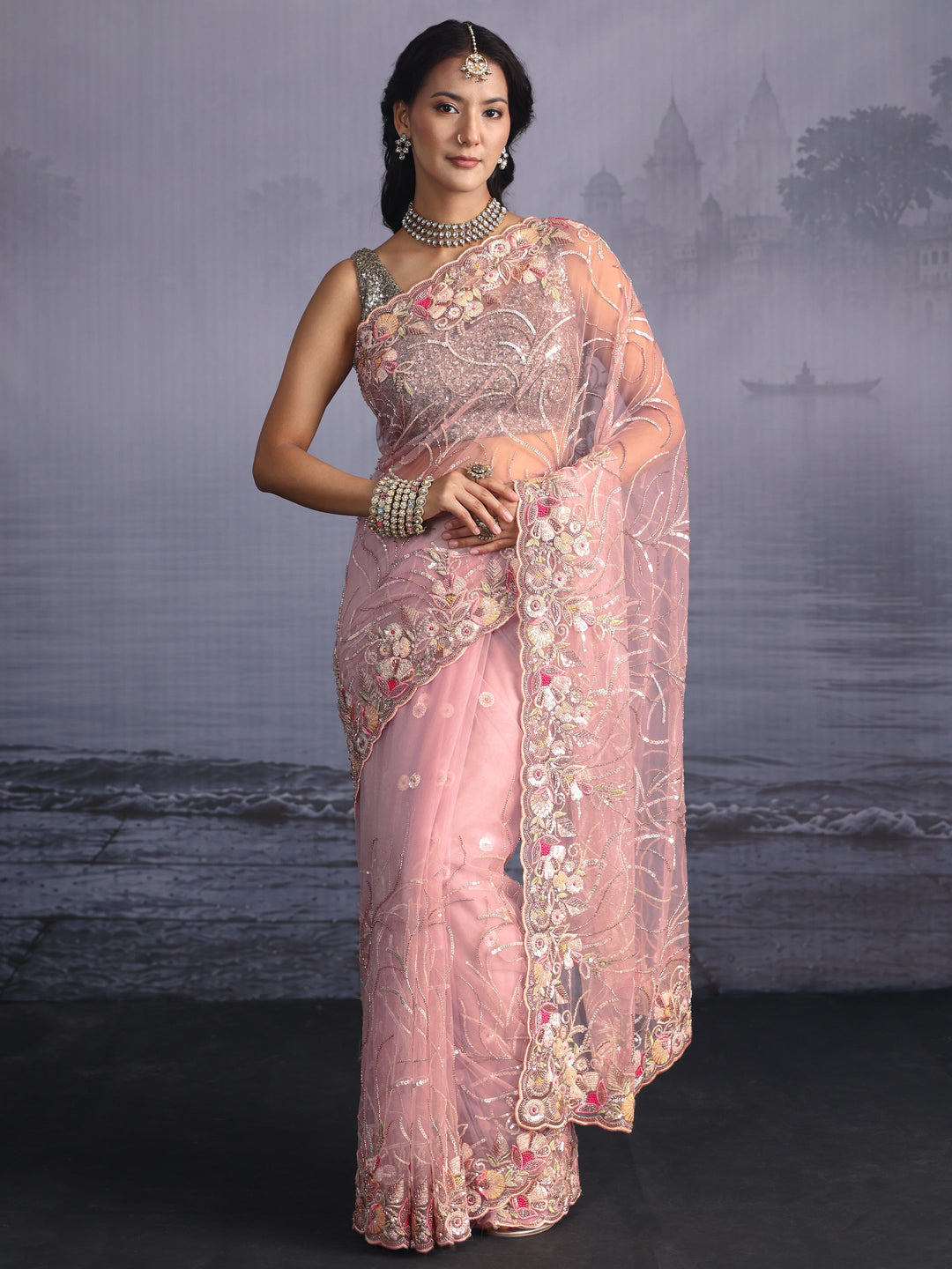  Libas Baby Pink Sequin Embellished Net Saree with Scalloped Border 