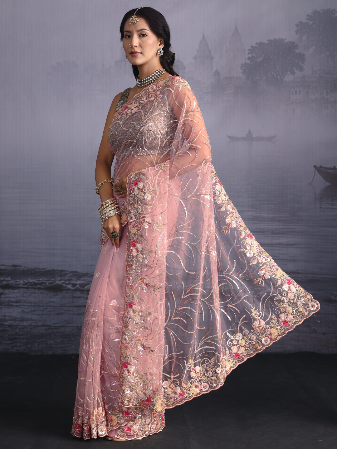  Libas Baby Pink Sequin Embellished Net Saree with Scalloped Border 