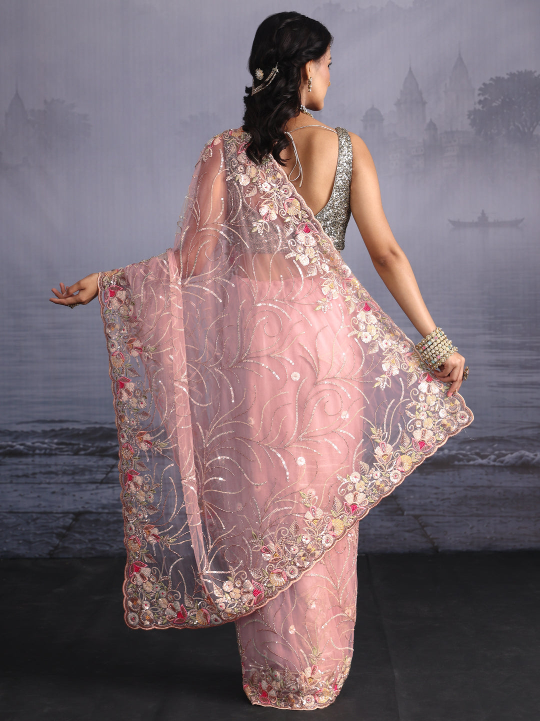  Libas Baby Pink Sequin Embellished Net Saree with Scalloped Border 