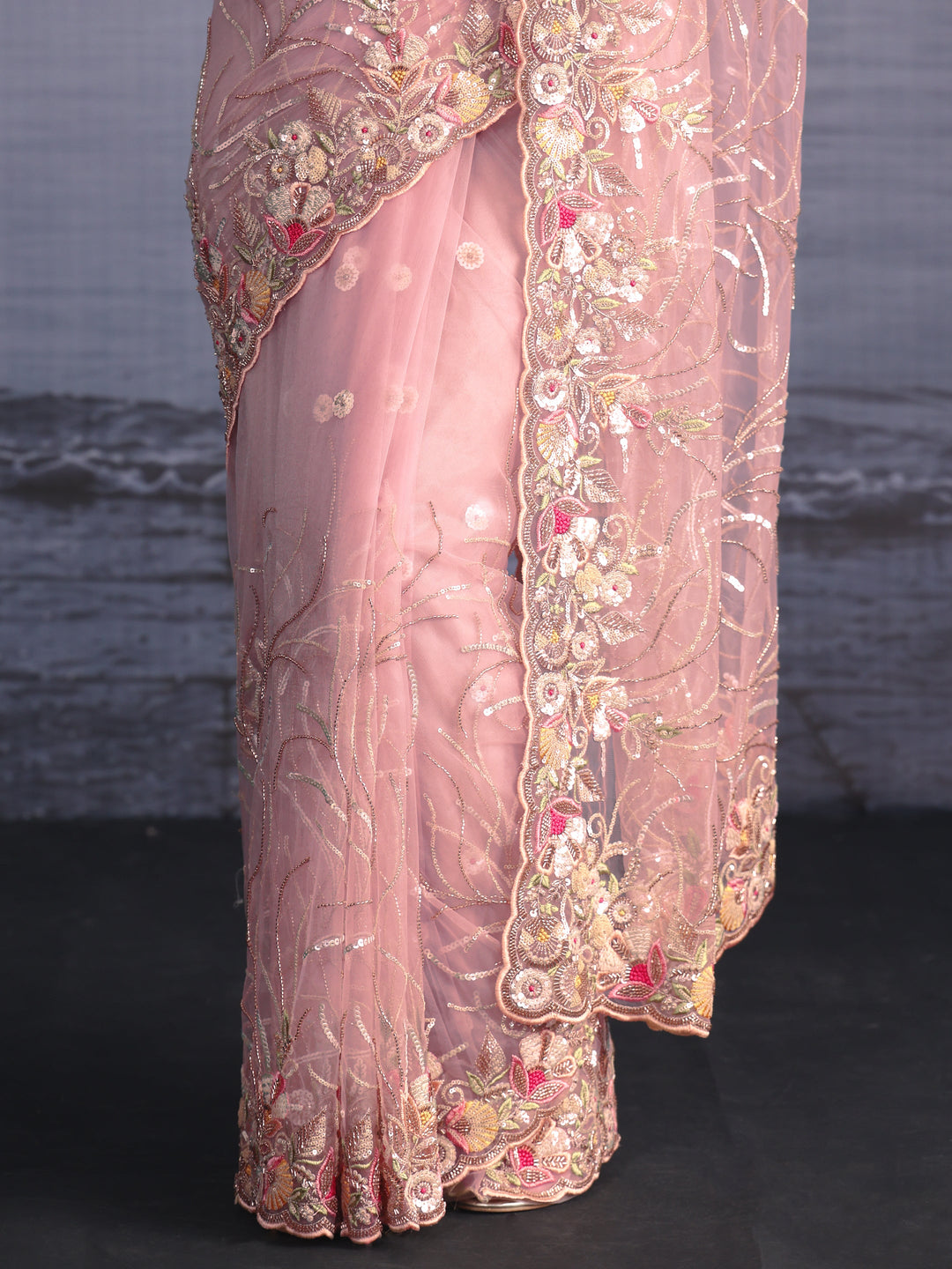 Libas Baby Pink Sequin Embellished Net Saree with Scalloped Border 