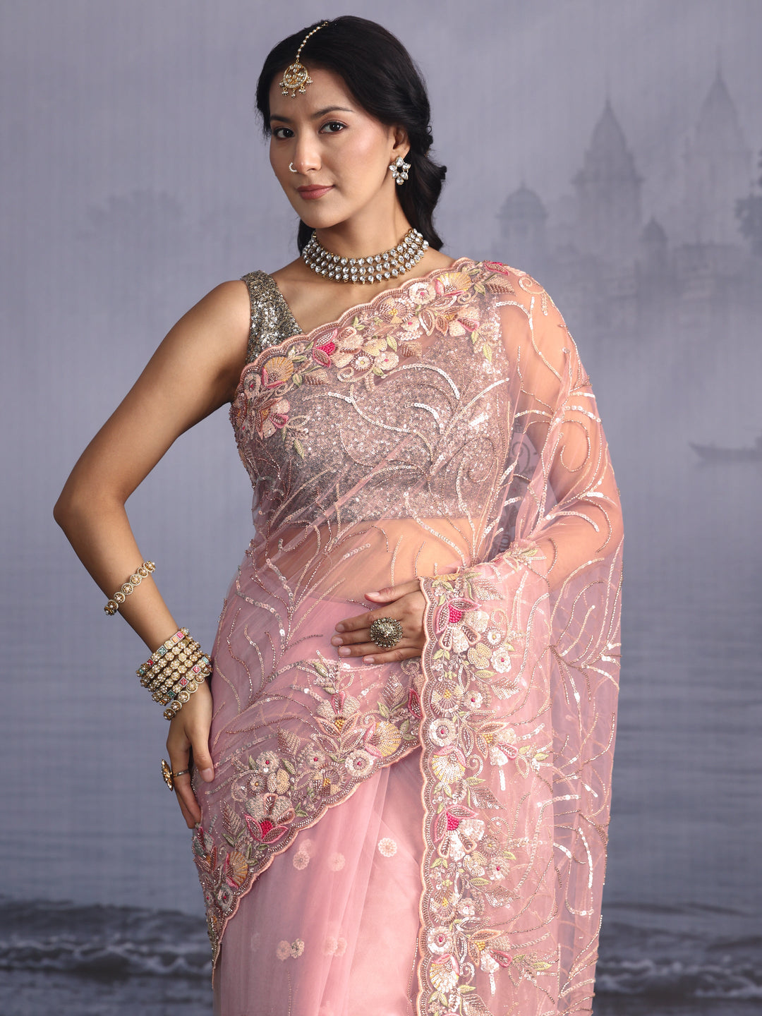  Libas Baby Pink Sequin Embellished Net Saree with Scalloped Border 