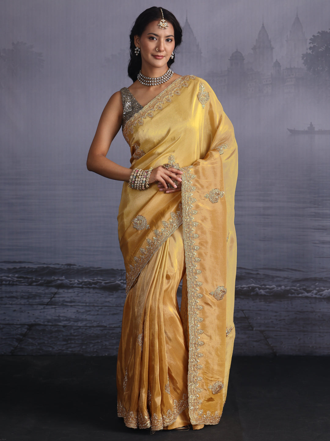  Libas Art Yellow Bead Embellished Silk Blend Saree 