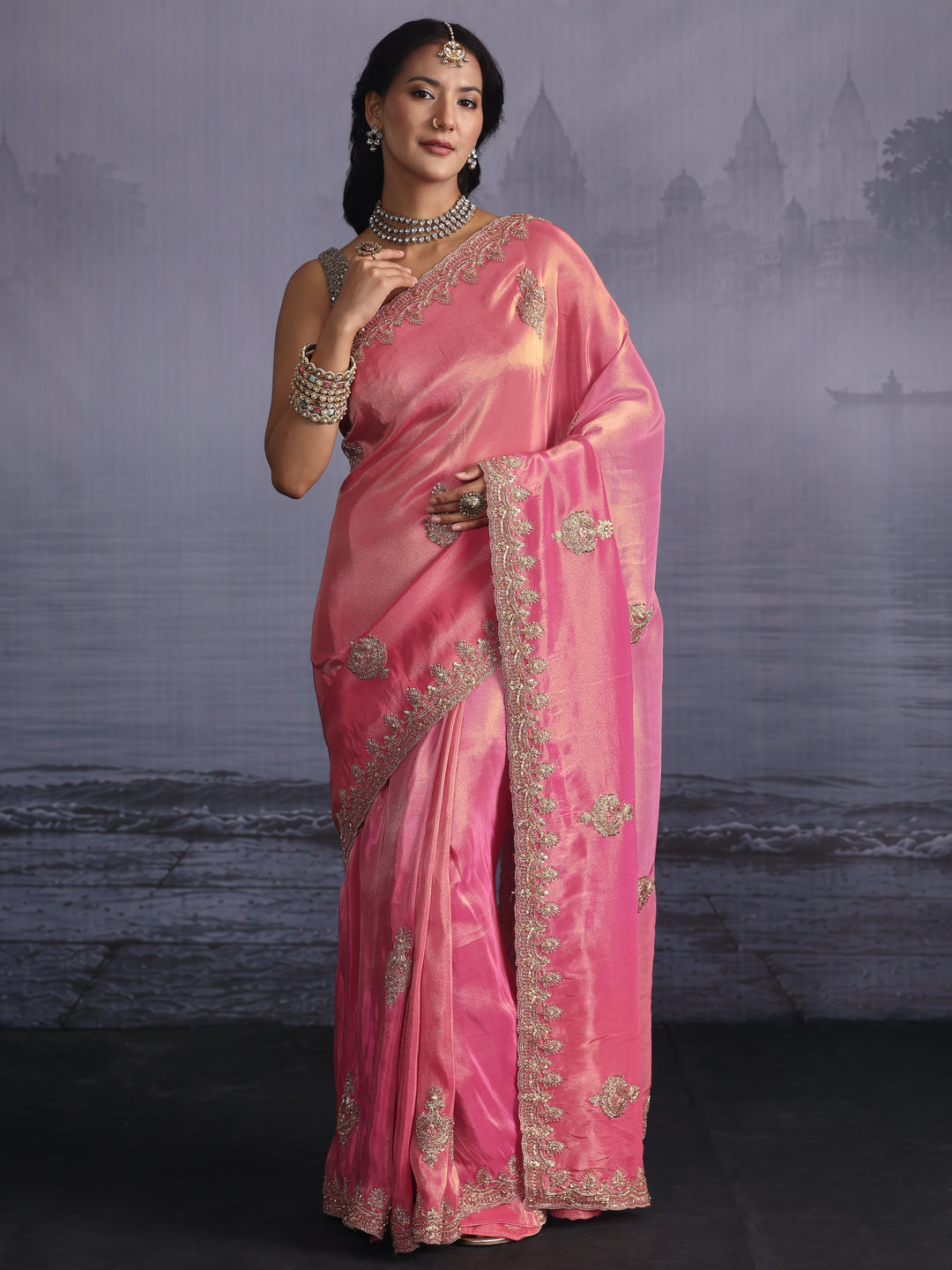  Libas Art Bubblegum Pink Bead Embellished Silk Blend Saree 