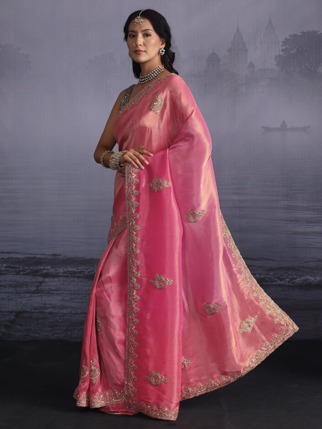  Libas Art Bubblegum Pink Bead Embellished Silk Blend Saree 
