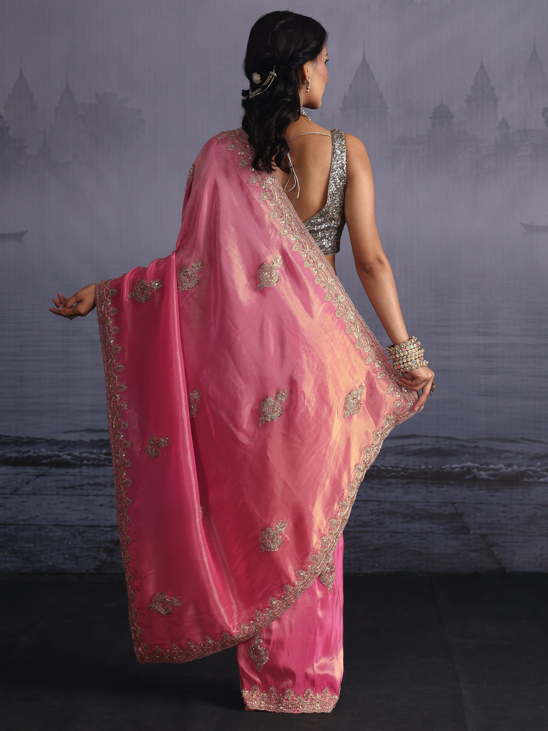  Libas Art Bubblegum Pink Bead Embellished Silk Blend Saree 