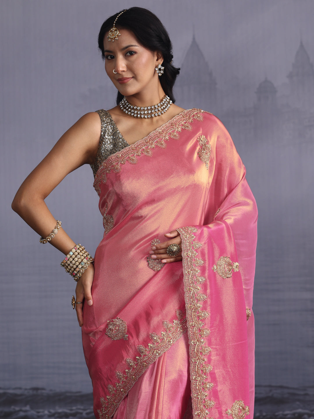  Libas Art Bubblegum Pink Bead Embellished Silk Blend Saree 