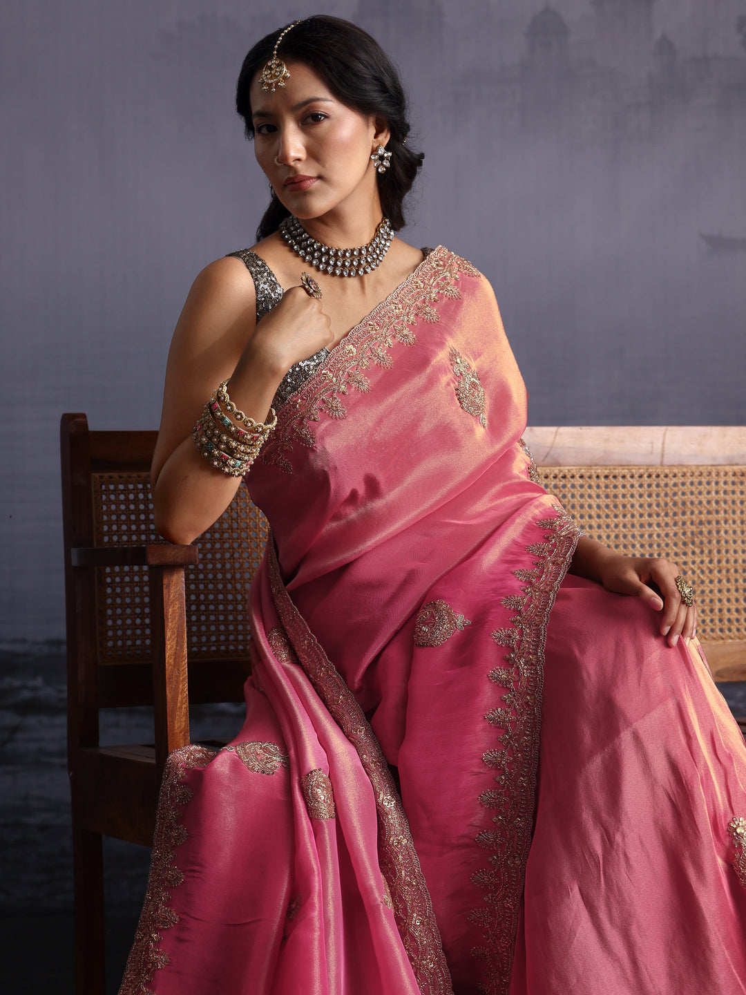  Libas Art Bubblegum Pink Bead Embellished Silk Blend Saree 