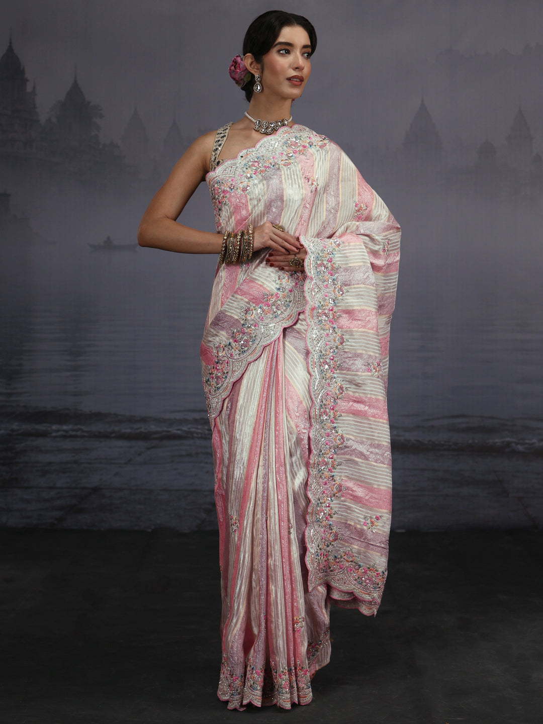  Libas Multi Coloured Striped Silk Blend Saree with Embellished Border 