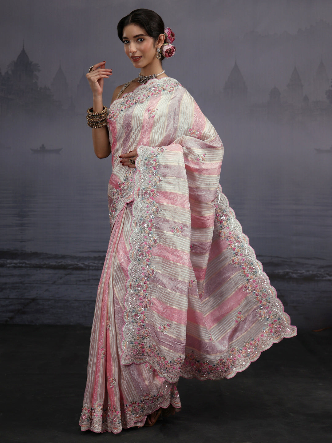  Libas Multi Coloured Striped Silk Blend Saree with Embellished Border 
